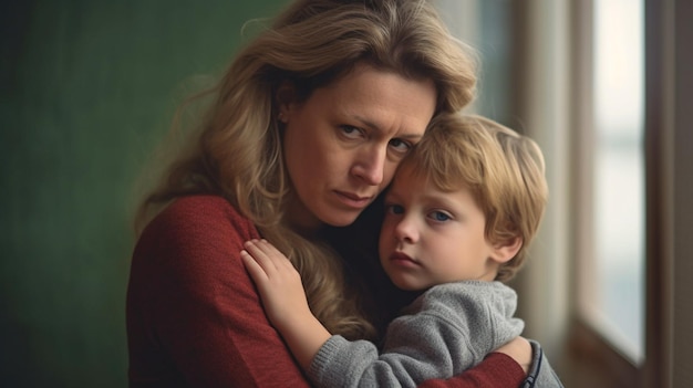 Foto la ia generativa muestra a un niño abrazando a su madre en una situación triste en casa