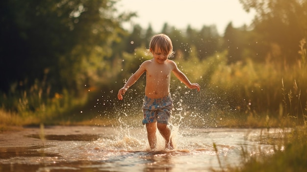 La IA generativa muestra a un niño pequeño salpicando agua en el verano
