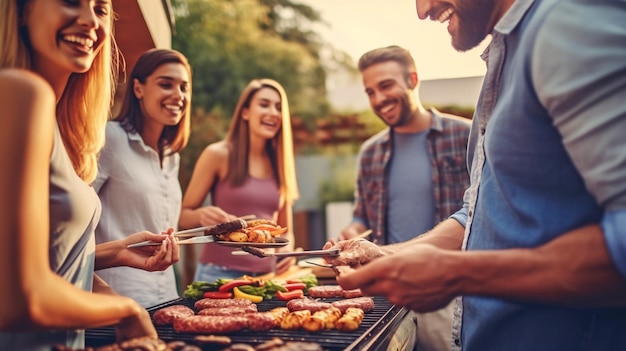 Foto la ia generativa muestra a una pareja joven contenta asando un bistec mientras su familia se relaja en el fondo