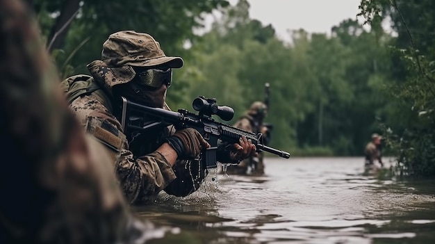 La IA generativa muestra un rifle de francotirador apuntado hacia el río por un soldado militar o un jugador de airsoft vestido de camuflaje.