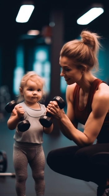 IA generativa Mujer alegre y en forma con pesas y una hija pequeña haciendo ejercicios en cuclillas mientras t