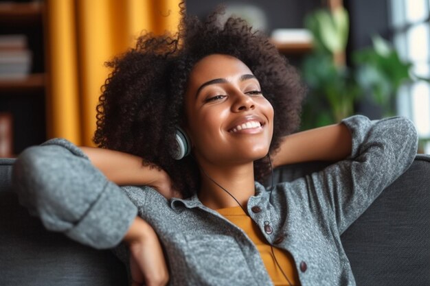 IA generativa Mujer étnica encantada con auriculares sonriendo con los ojos cerrados y bailando mientras escucha