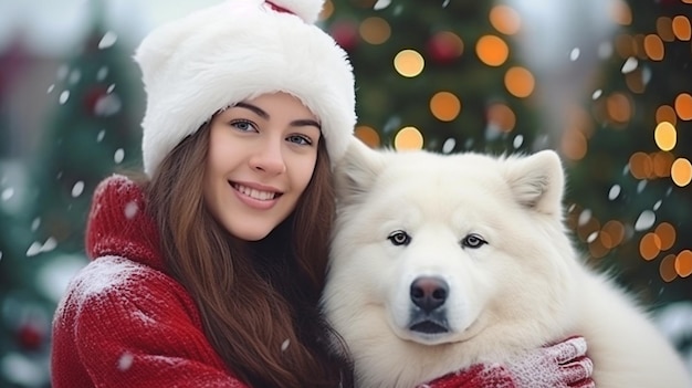 IA generativa de una mujer joven contra un árbol de Navidad y un perro samoyedo blanco disfrazado de Papá Noel como telón de fondo