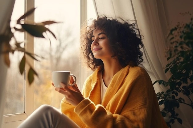 IA generativa Mujer joven feliz bebiendo una taza de té en una mañana de otoño