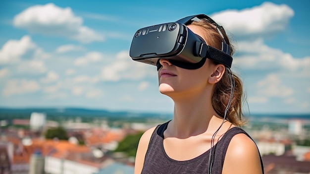 IA generativa y una mujer joven con gafas de realidad virtual en un techo