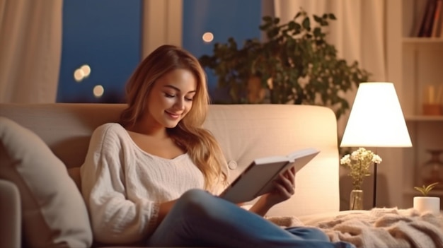 IA generativa con una mujer joven leyendo en la sala de estar