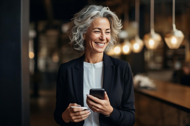 IA generativa Mujer de negocios madura sonriendo y usando un teléfono móvil