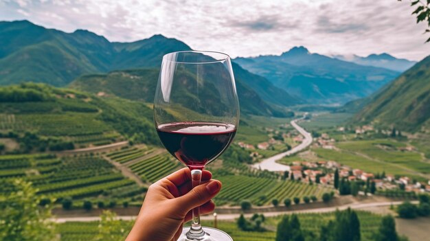 IA generativa de una mujer que disfruta de una copa de vino tinto mientras contempla una montaña