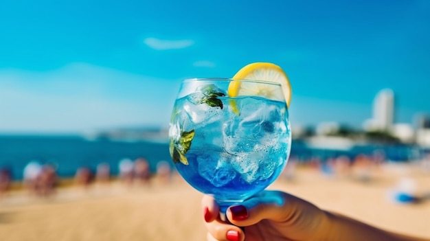 IA generativa de una mujer sosteniendo un refrescante cóctel azul mientras la playa está en el fondo