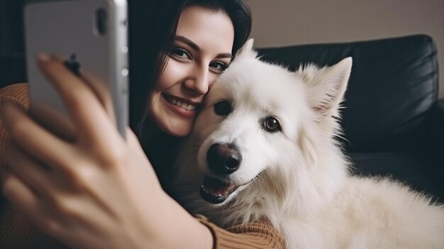 Con IA generativa, una mujer y su perro toman una foto en el sofá de su sala de estar para cuidar y tocar a sus alegres compañeros.