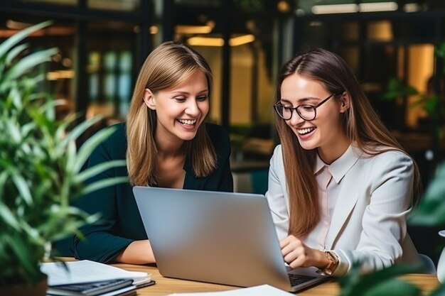 IA generativa Mujeres multiétnicas felices se divierten sentadas en el escritorio en el lugar de trabajo Compañeras de equipo femeninas dist