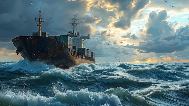 IA generativa Navio de carga maciço em mar aberto contêineres imponentes tempo tempestuoso ondas dramáticas representação fotorrealista detalhada