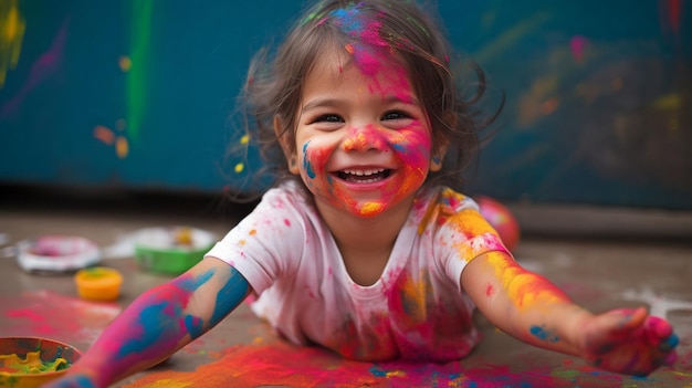 IA generativa y una niña alegre jugando con los colores