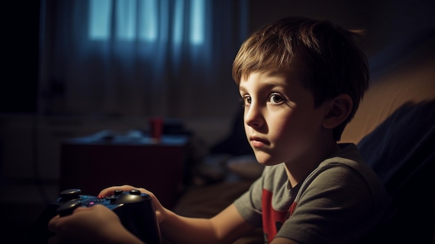 IA generativa un niño jugando juegos electrónicos en su habitación