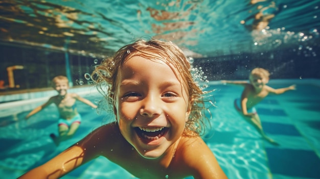 IA generativa y niños pequeños alegres nadando bajo el agua