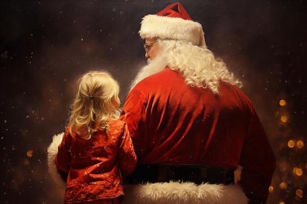 Foto ia generativa papai noel caminha com um menino ao ar livre conceito de férias de natal