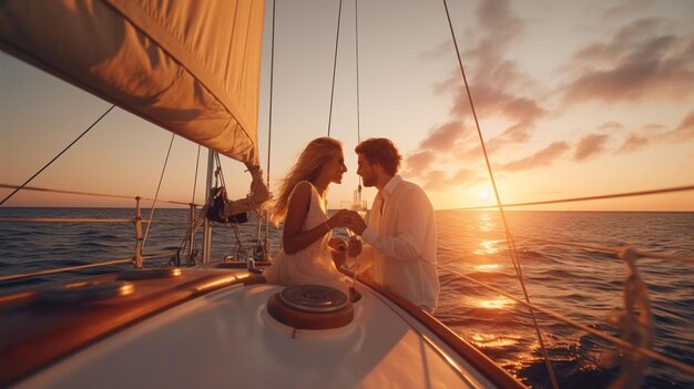 IA generativa de una pareja joven disfrutando de champán en un velero al atardecer