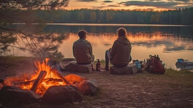 IA generativa una pareja de vacaciones un hombre y una mujer alrededor de una fogata