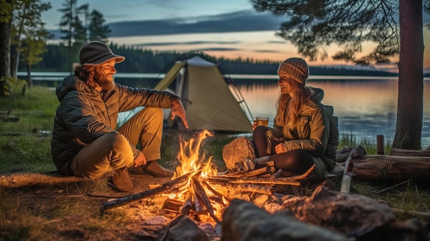 IA generativa una pareja de vacaciones un hombre y una mujer alrededor de una fogata