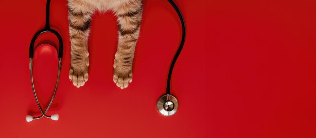 Foto ia generativa patas de gato y estetoscopio aislados en fondo rojo banner con espacio de copia