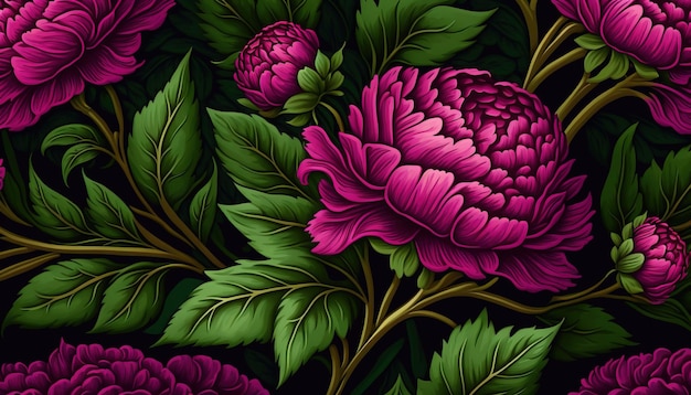 IA generativa Patrón floral William Morris inspiró plantas naturales y peonía viva magenta