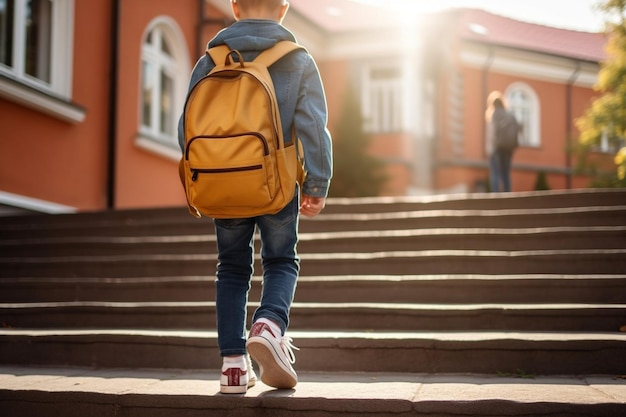 IA generativa Pequeno estudante com uma mochila nos degraus da escada do prédio da escola Fechar