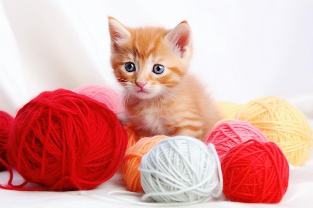 IA generativa Pequeno gatinho vermelho é jogado com um novelo de lã