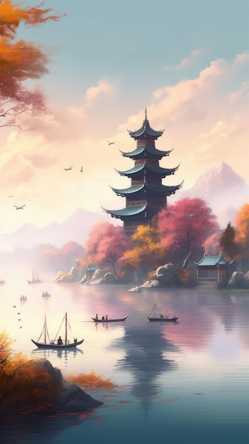 IA generativa de pintura de ilustración de paisaje chino