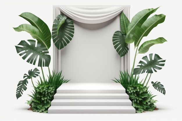 IA generativa de podio blanco con plantas tropicales y cortinas sobre fondo blanco
