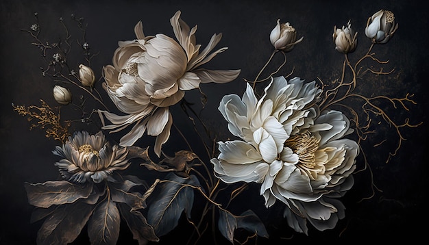 IA generativa Primer plano de macizos de flores florecientes de increíbles flores blancas y doradas en malhumorado oscuro