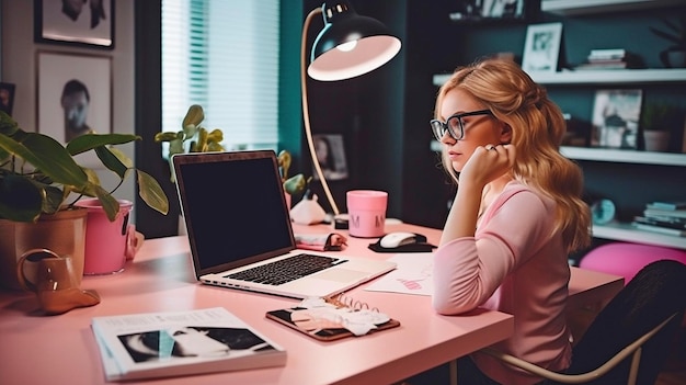 La IA generativa produce una imagen realista de una mujer que usa una computadora en una oficina con accesorios de color rosa y negro.
