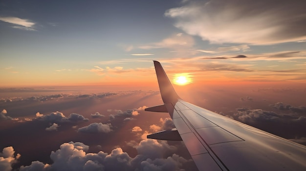 La IA generativa representa el ala de un avión durante la puesta de sol con nubes esponjosas debajo y un horizonte naranja