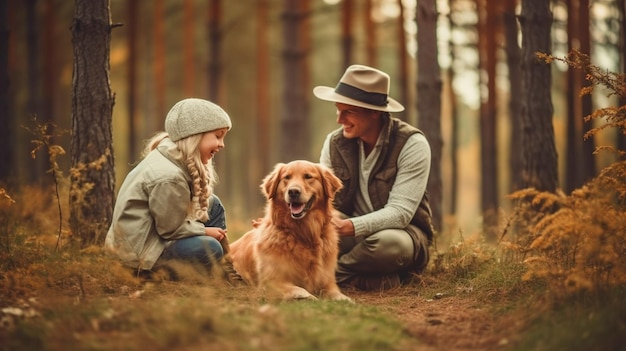 La IA generativa representa a una familia satisfecha y su perro disfrutando de un momento de paz en el bosque.