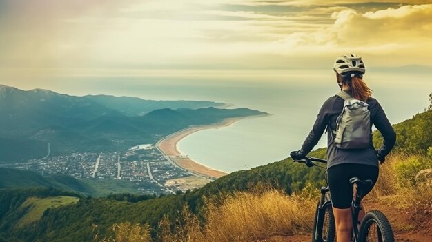 Foto la ia generativa representa a una mujer montando en bicicleta de montaña mientras admira el mar y las montañas.