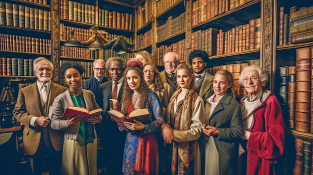 La IA generativa representa una variedad de personas que sostienen libros en una biblioteca tradicional