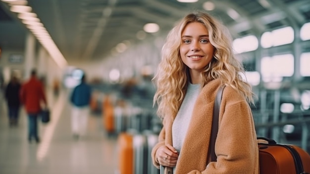 IA generativa retrata uma jovem bonita com malas e um aeroporto lotado