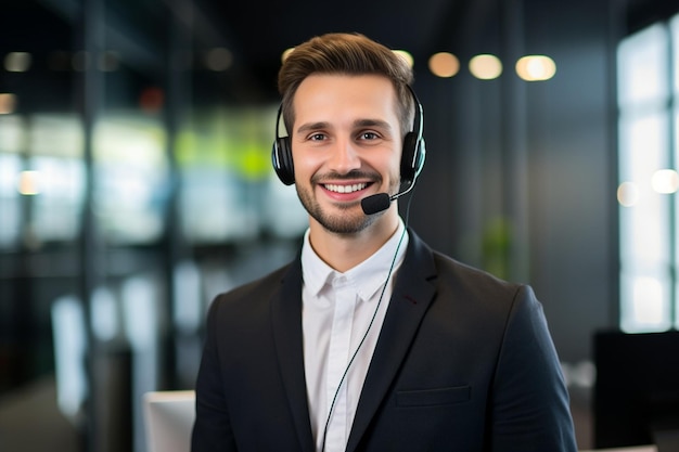 IA generativa Retrato del rostro de un joven empresario que trabaja en la oficina con auriculares