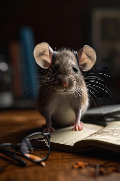 IA generativa Simpático y adorable ratoncito con anteojos leyendo un libro sobre una mesa