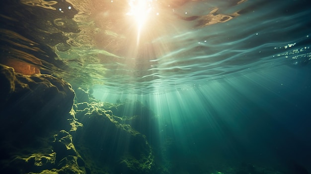 IA generativa Superficie oceánica azul oscuro vista desde el agua con luz solar