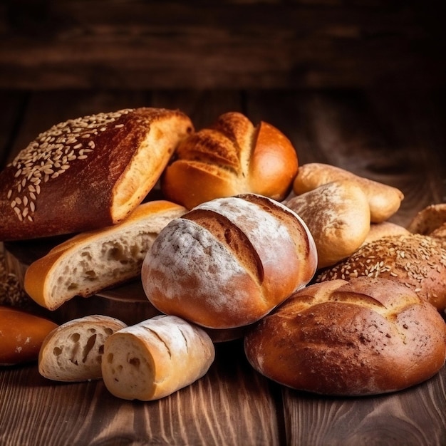 IA generativa Surtidos de pan recién horneado en estantes de madera Montones de panes Estantería de panadería