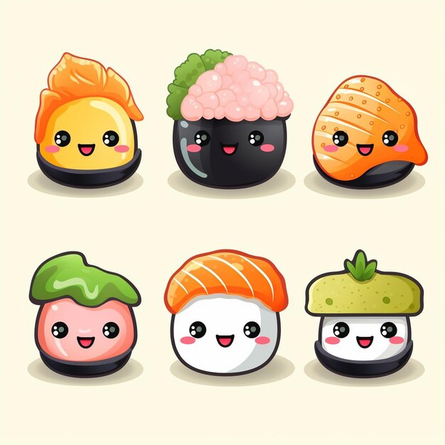 IA generativa Sushi e pãezinhos fofos em estilo kawaii com rostos sorridentes Cozinha tradicional japonesa