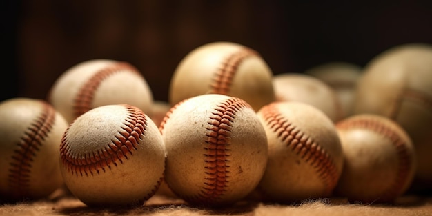 IA generativa Textura áspera y rugosa de viejas pelotas de béisbol de cerca sobre fondo vintage