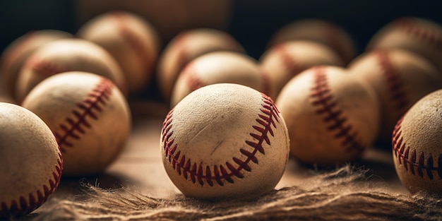 IA generativa Textura áspera y rugosa de viejas pelotas de béisbol de cerca sobre fondo vintage