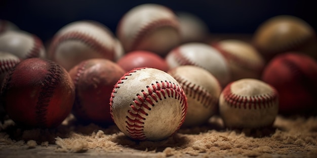 IA generativa Textura áspera y rugosa de viejas pelotas de béisbol de cerca sobre fondo vintage