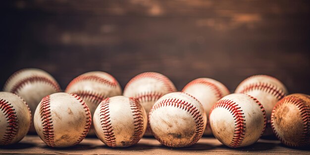 IA generativa Textura áspera y rugosa de viejas pelotas de béisbol de cerca sobre fondo vintage