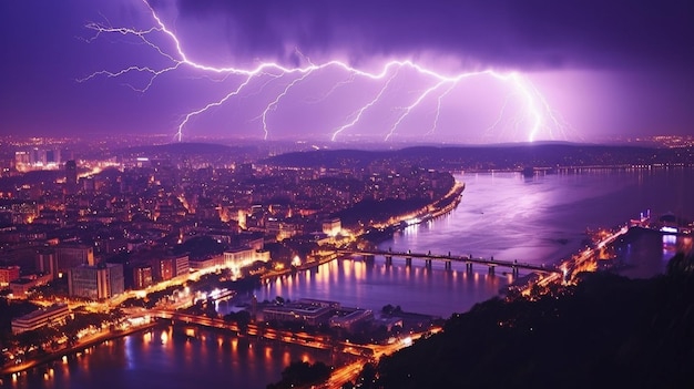 IA generativa y una tormenta eléctrica sobre una metrópolis