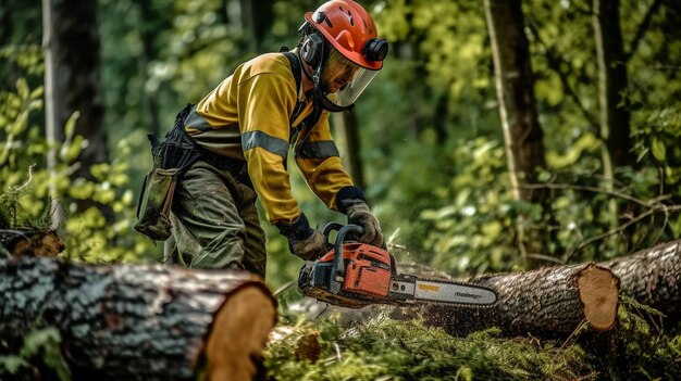 Foto ia generativa y un trabajador forestal empuñando una motosierra