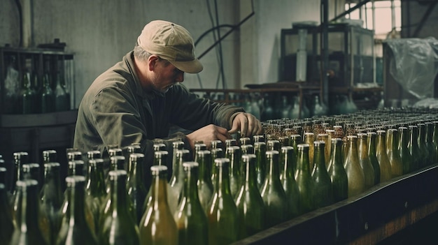 Foto ia generativa y un trabajador que trabaja en una fábrica de embotellado de bebidas alcohólicas