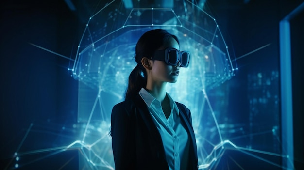 IA generativa, um holograma metaverso e um trabalhador de escritório usando óculos VR