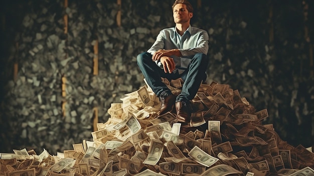 Foto ia generativa, um homem empoleirado em cima de um maço de dinheiro